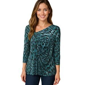 Liz Lange sz 1X ruched side teal lepord animal print tunic top stretch soft +
